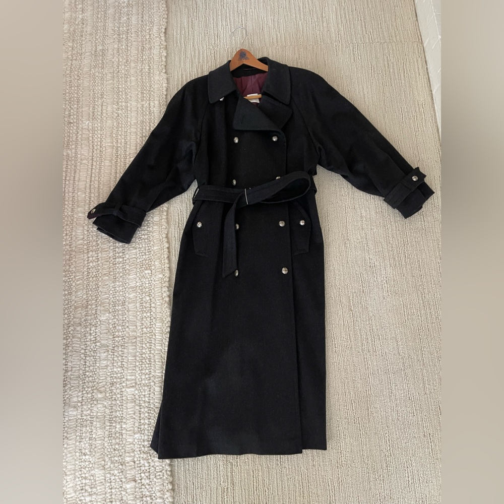 Slate gray wool flannel Double-Breasted Trench Coat. NWOT. Madeleine/Germany Lg.